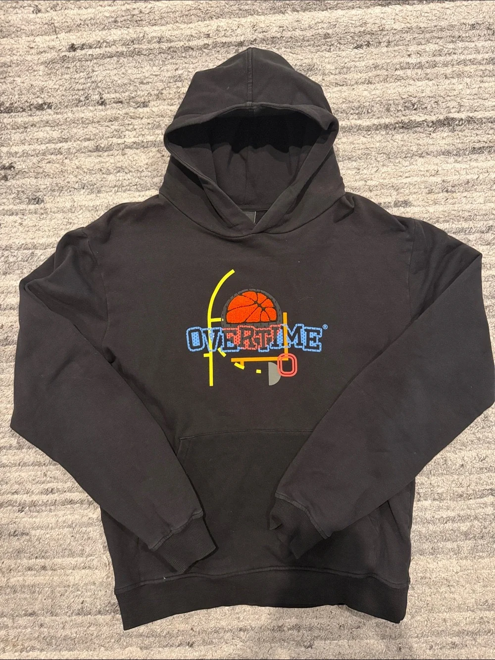 Overtime Black Pullover Hoodie with Basketball Graphic